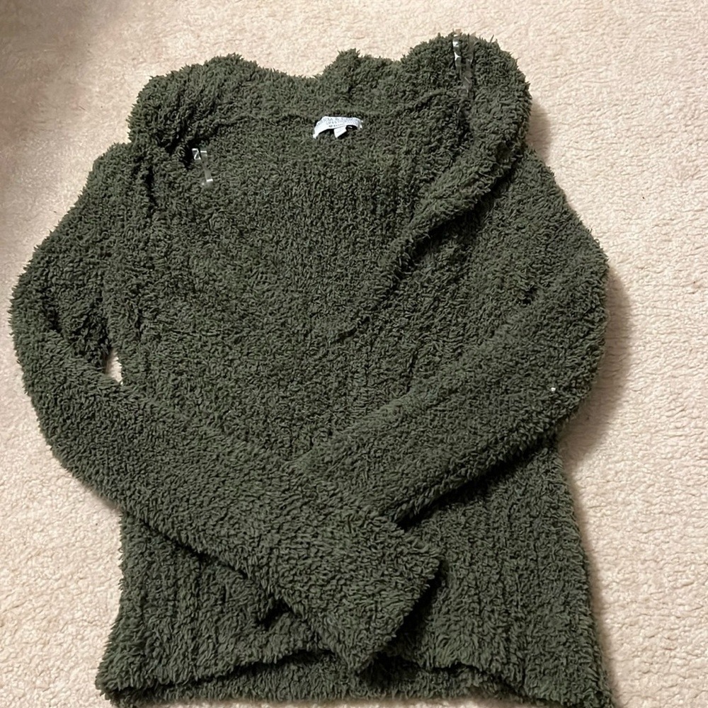 Fuzzy moss green v neck hooded sweater.